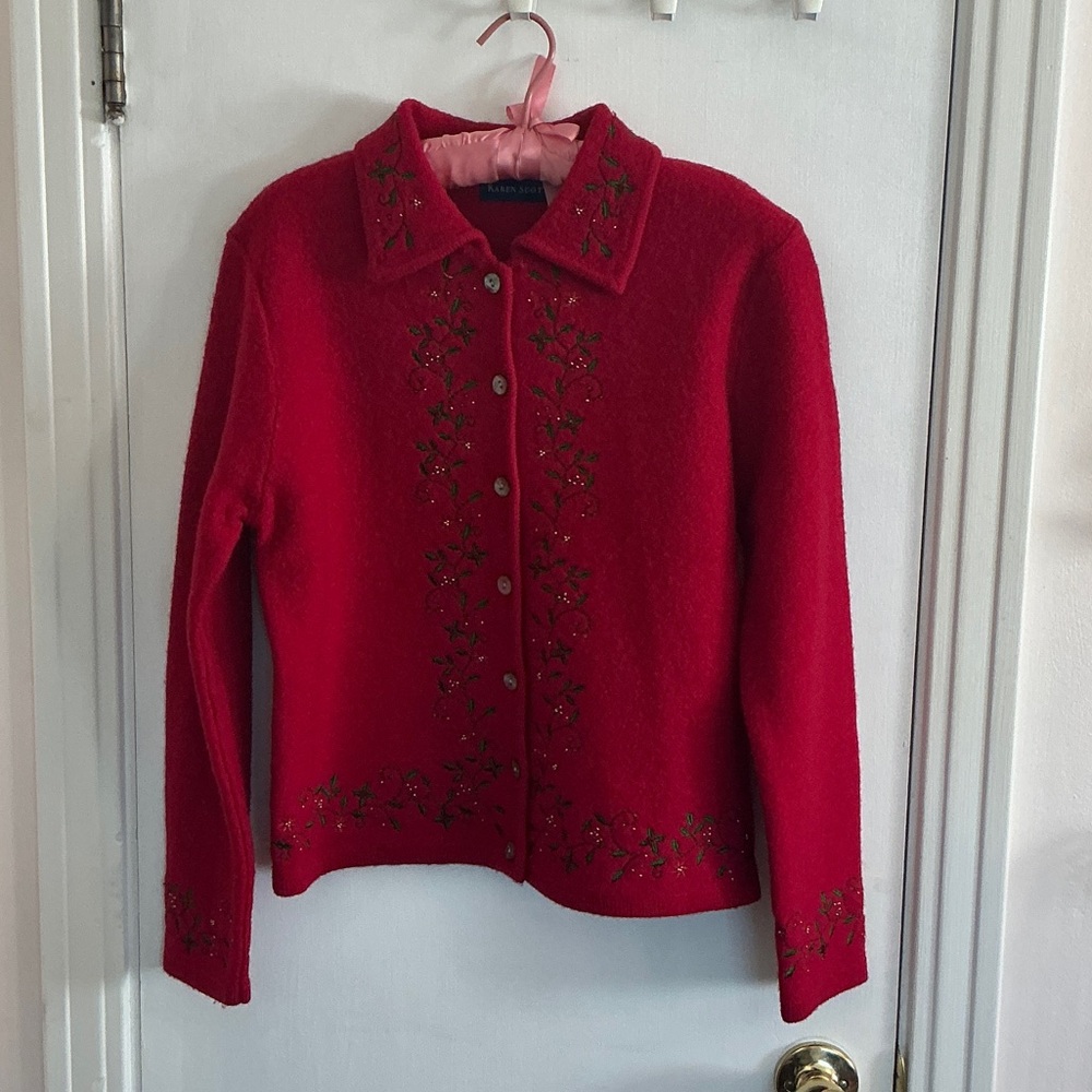 Karen Scott Red Embroidered Button-Up Christmas Winter Wool Cardigan S